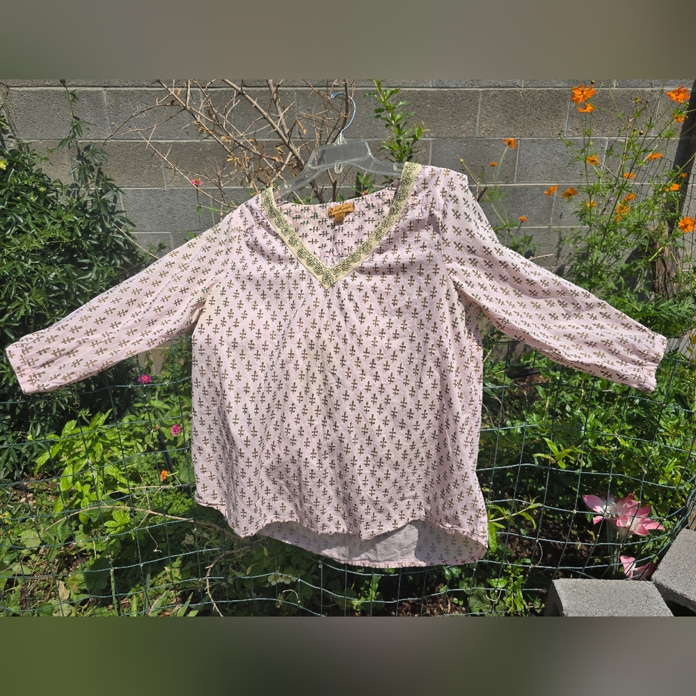 April Cornell Pink and Gold V-Neck Blouse